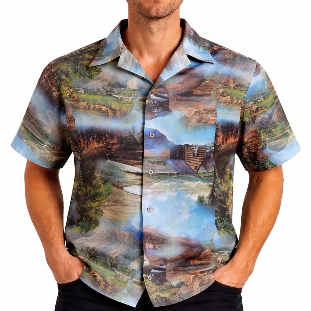 Montgomery Ward Western Shirt Vtg Small Covered Wagons Hills Cabins Trains Oxen